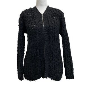Lesley Evers Black Open Chunky Knit Eyelash Cardigan Sweater